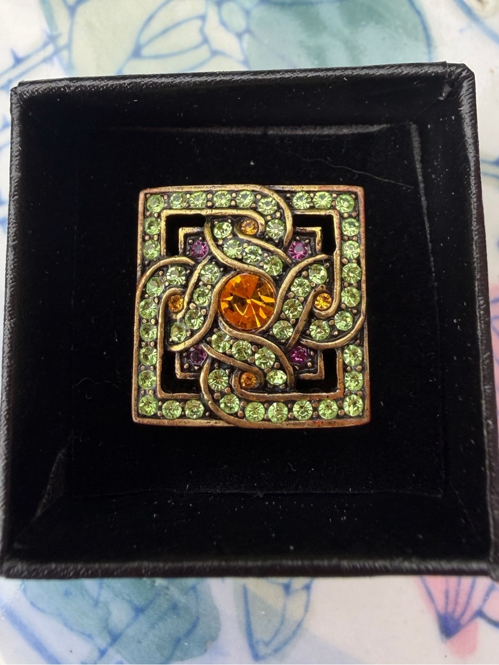 LA Vintage Oversized Art Nouveau Crystal Cocktail Ring Green, Amber Purple